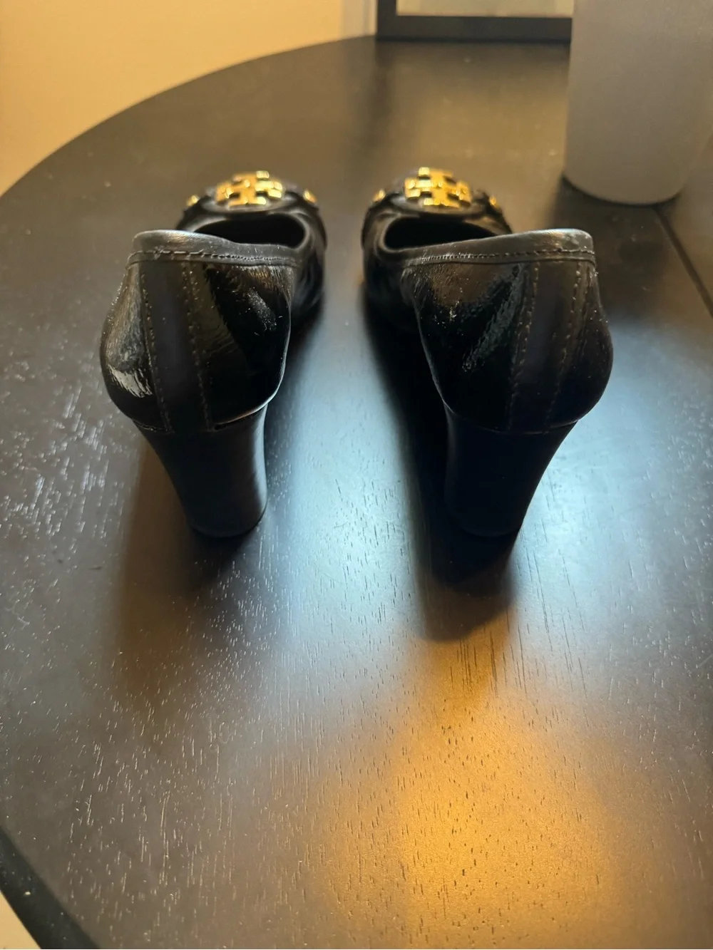Tory Burch Black Patent Leather Ballet Block Heels with Gold Logo Emblem
